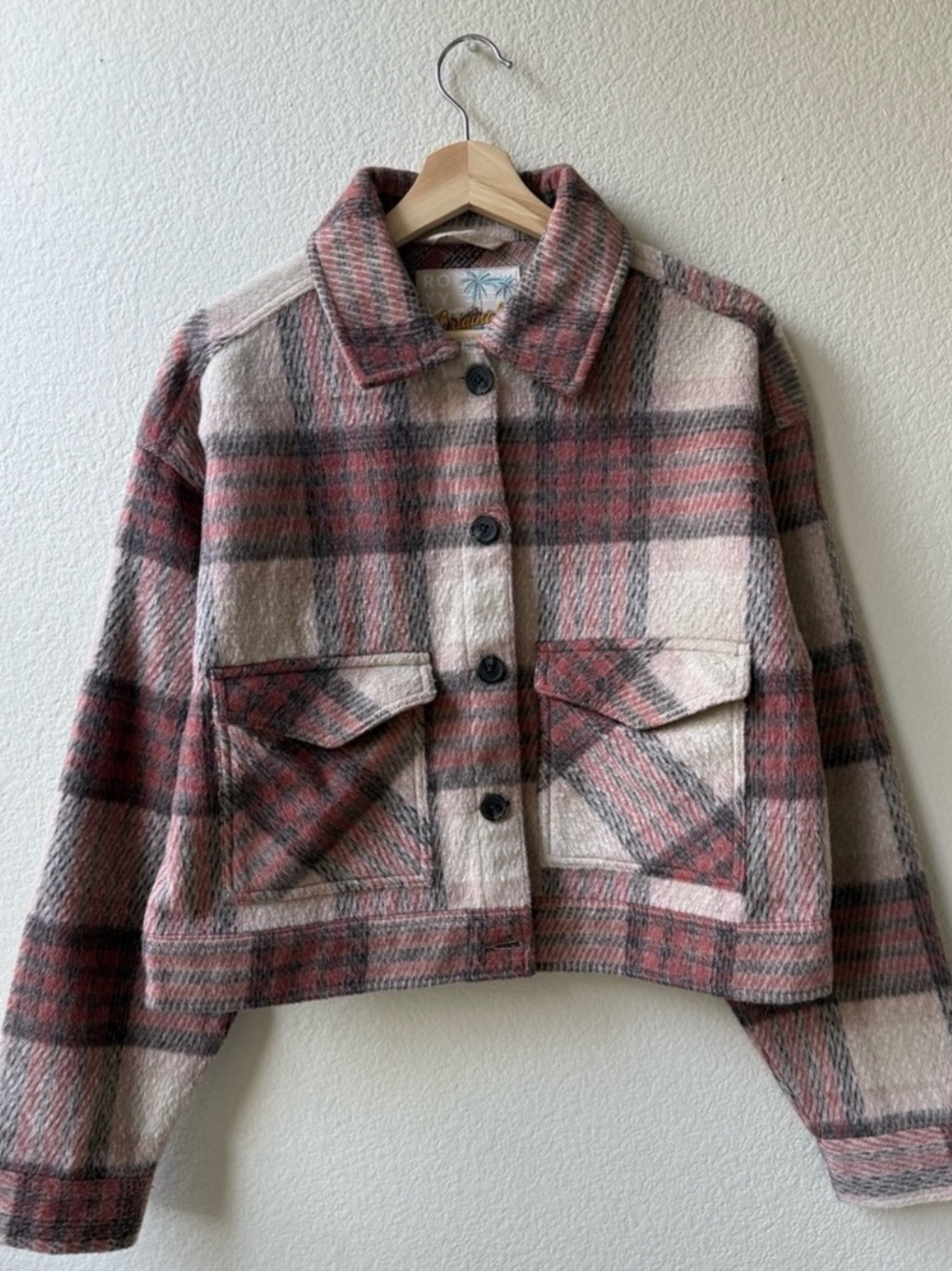 Roxy Wool Blend Red Cream Plaid Cropped Utility Jacket - Picture 5 of 13